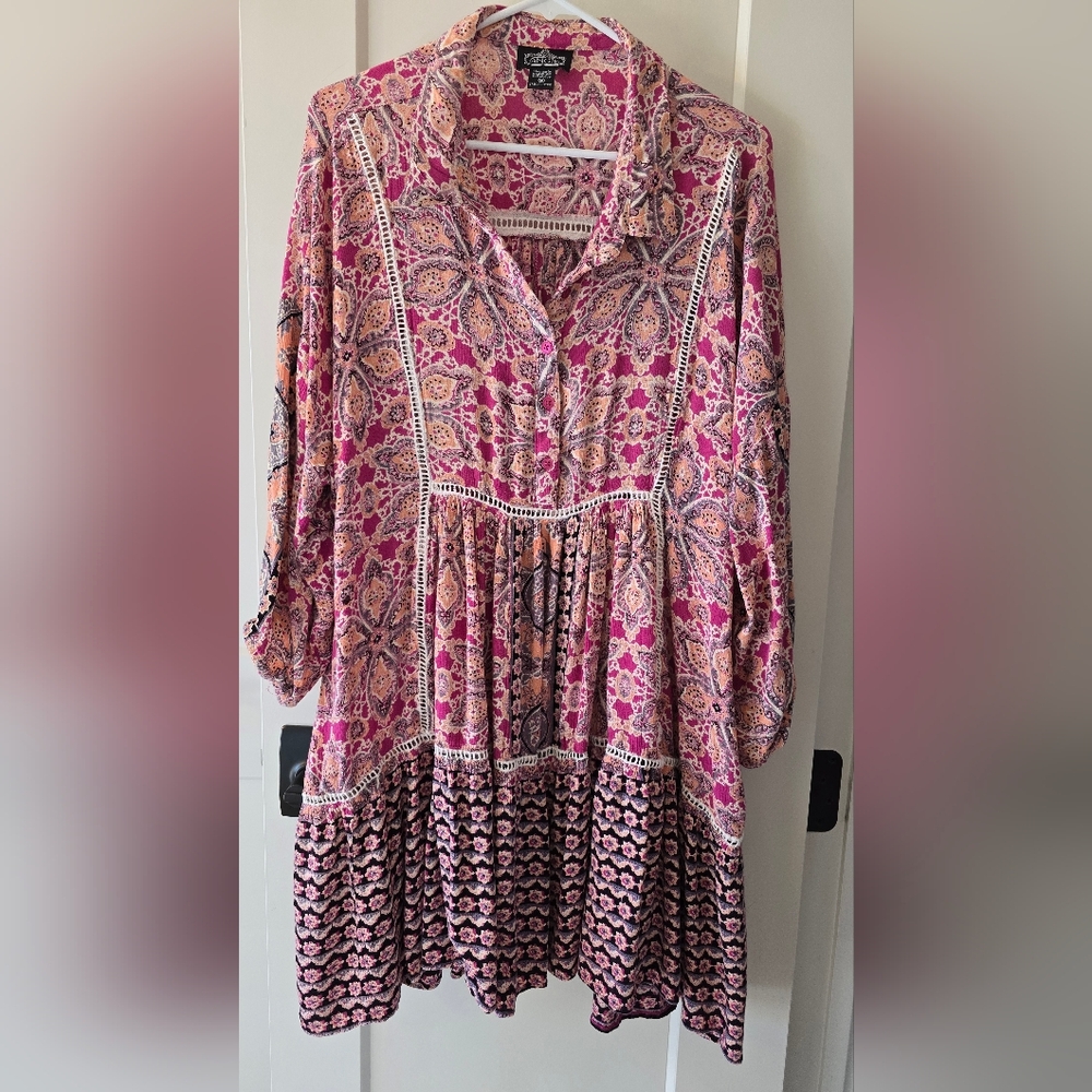 Angie Pink, Orange, Black and Purple Patterned Bohemian Tunic Dress Size 1X